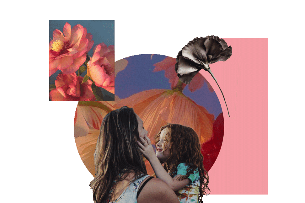 Collage - Madre cogienod en brazos a su hija. Fondo rosado y con flores